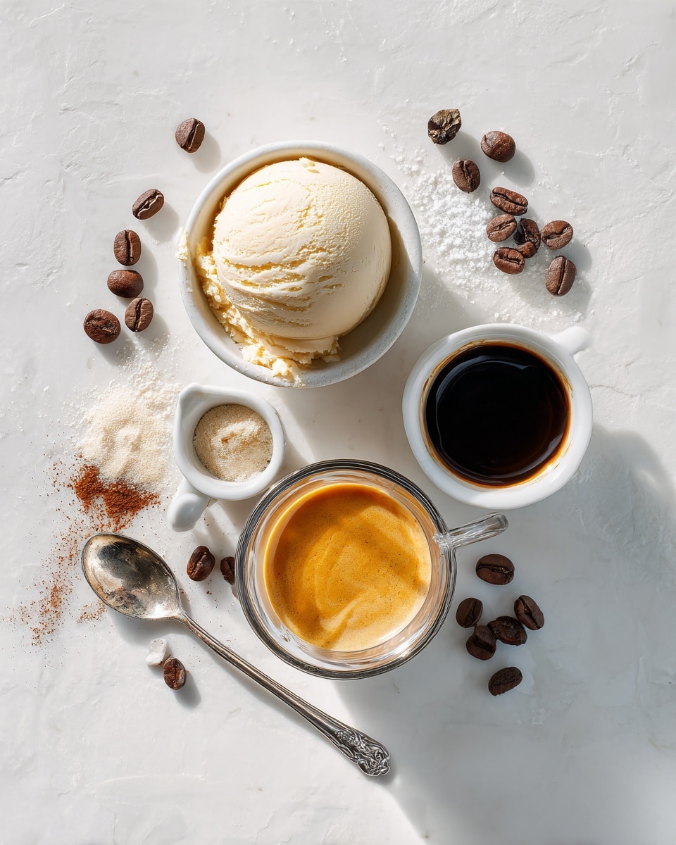 A clear glass cup holds a scoop of light beige ice cream with small dark spots. Dark brown liquid coffee is being poured from a small glass measuring cup with a dark brown wooden handle into the ice cream, creating swirls of coffee mixing with the ice cream at the bottom. A woman's hand holds the measuring cup, and the scene is set on a white marbled surface with white tiled background. There is a striped cloth to the right and stacked white plates with cutlery blurred in the background. photo taken with an iphone --ar 4:5 --v 7