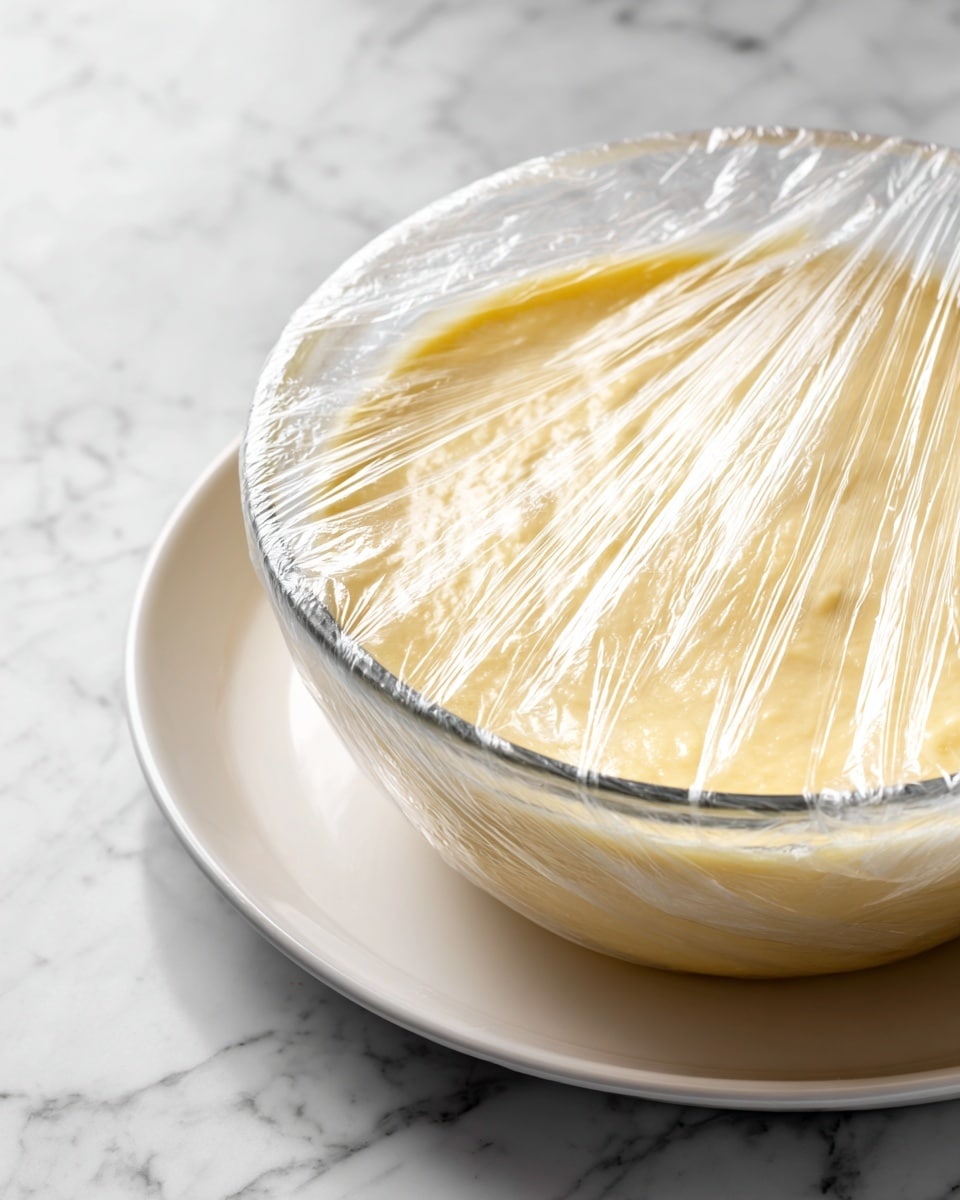 A clear glass bowl filled with a smooth, light yellow batter covered partially by a wrinkled, shiny transparent plastic wrap. The bowl rests on a white marbled surface with soft black and gray veining. Near the bowl is the edge of a white plate with a faint ring of leftover light yellow batter around its inner edge. Photo taken with an iphone --ar 4:5 --v 7
