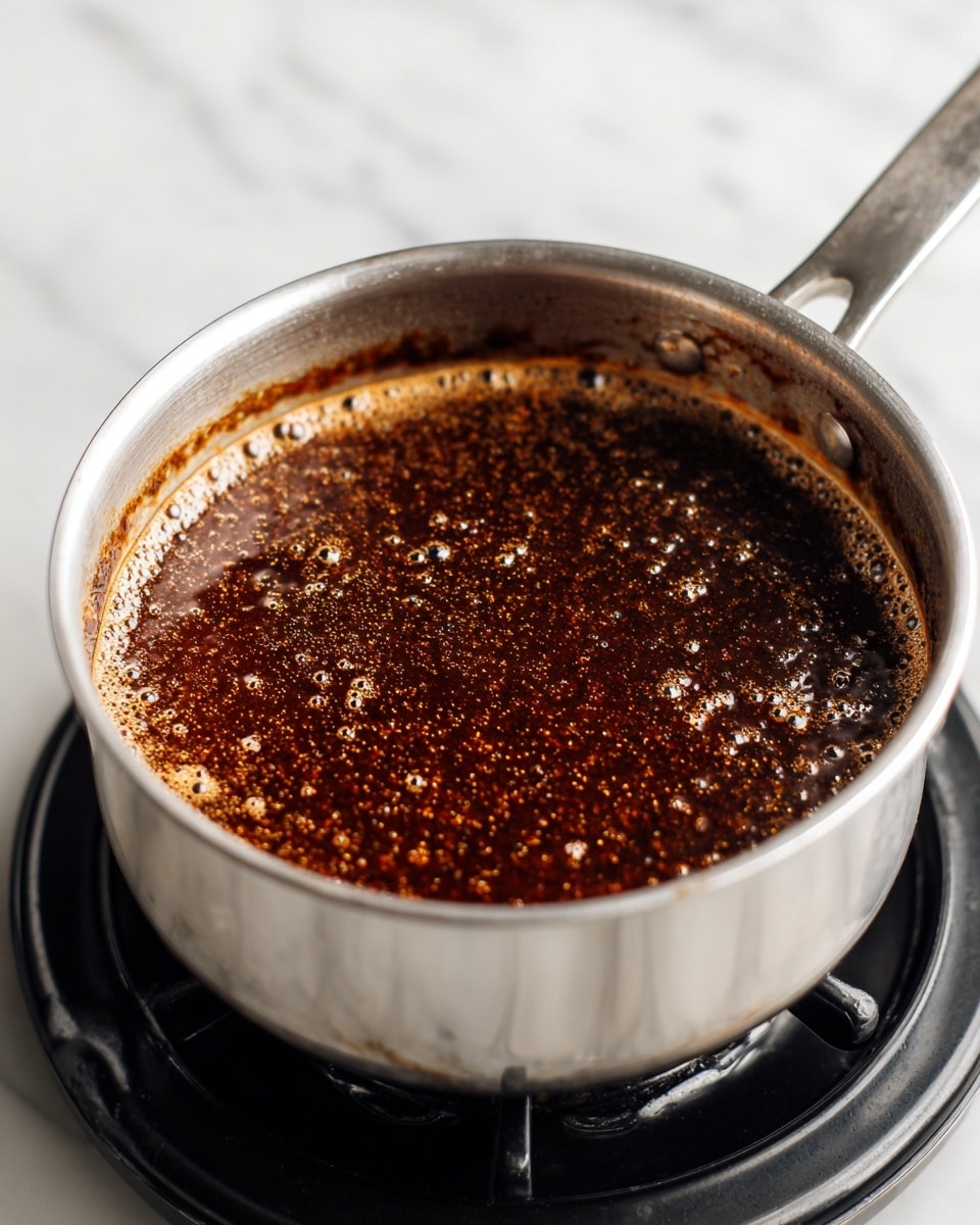 A silver pot sits on a black stove with a shiny, bubbling dark brown sauce inside. The sauce has a thick texture with small bubbles rising on the surface, showing it is hot and cooking. The edge of the pot has some sauce residue, and the pot’s handle extends outwards. The background is a white marbled texture. Photo taken with an iphone --ar 4:5 --v 7