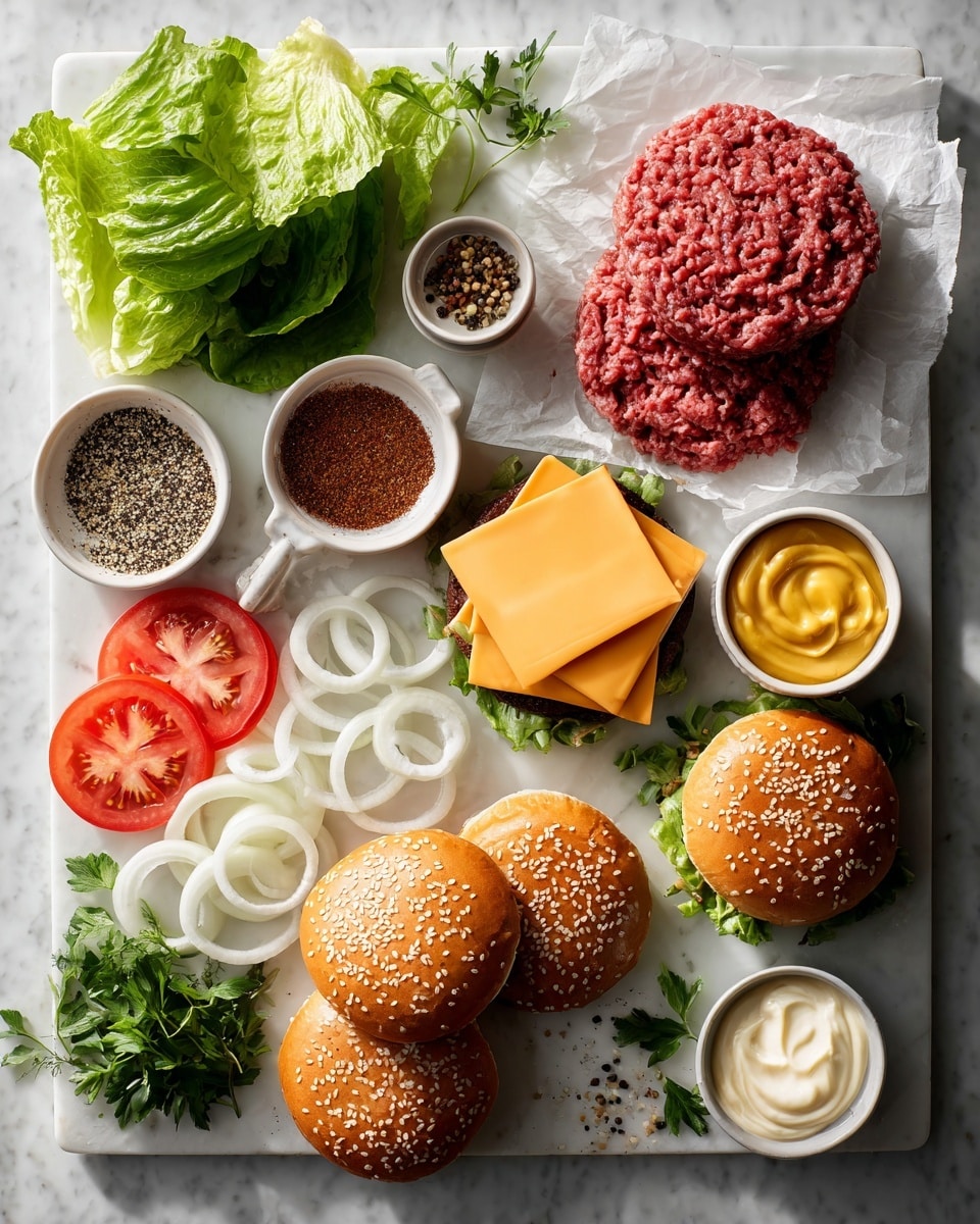 A cheeseburger sits on a wooden board with a white marbled background. It has five visible layers: the bottom is a soft, lightly toasted white bun, above it is a thick grilled beef patty covered with melted orange cheddar cheese. On top of the patty are two bright red tomato slices, followed by a thick ring of purple onion. Next is a fresh, curly green lettuce leaf with bits of yellow mustard and red ketchup on top. The burger is finished with a light brown sesame seed bun. Photo taken with an iphone --ar 4:5 --v 7