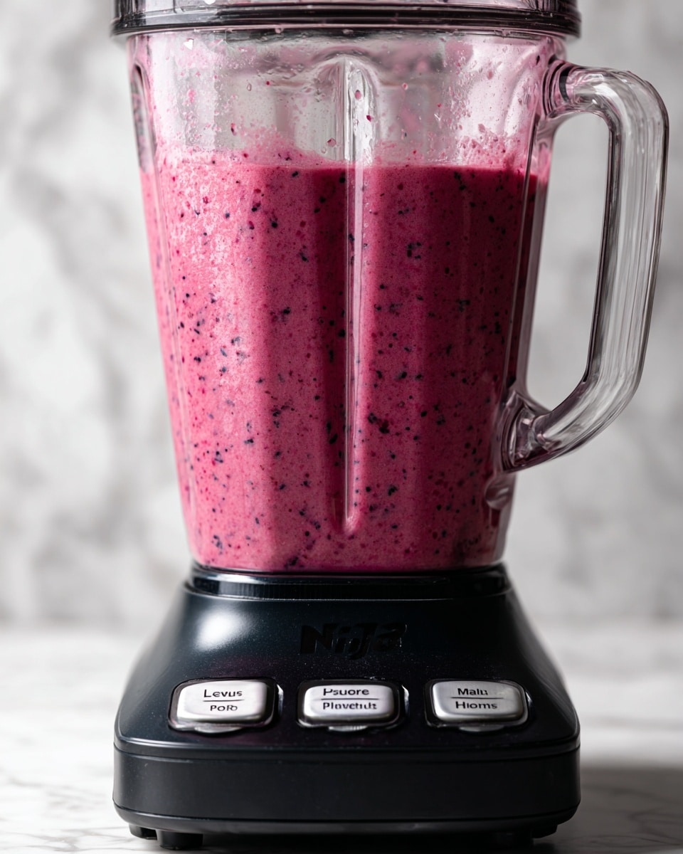 The image shows a blender container filled with layers of frozen fruit on a white marbled surface. The first layer at the bottom includes dark blueberries mixed with red raspberries and small pieces of frozen banana. On top, there is a bigger chunk of bright red strawberry resting next to the red raspberries and more blueberries, with sliced frozen banana pieces covering part of the fruit mixture. The clear blender container reveals the rough texture of the frozen fruit pieces, with some frost visible on the bananas. Photo taken with an iphone --ar 4:5 --v 7
