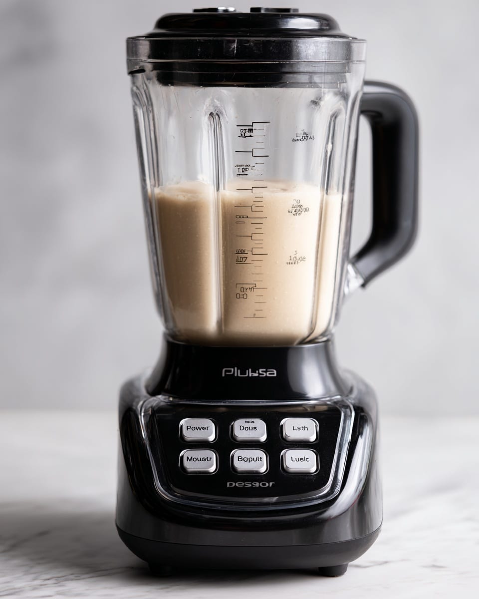 A clear blender container is shown from the top, filled with large chunks of yellow pineapple, pale creamy banana pieces, and some white creamy yogurt at the bottom. The blender blade in the center is shiny and metallic. The container sits on a white marbled surface. The colors inside the container are mainly yellow and off-white with a smooth texture from the yogurt and firm texture from the fruit pieces photo taken with an iphone --ar 4:5 --v 7
