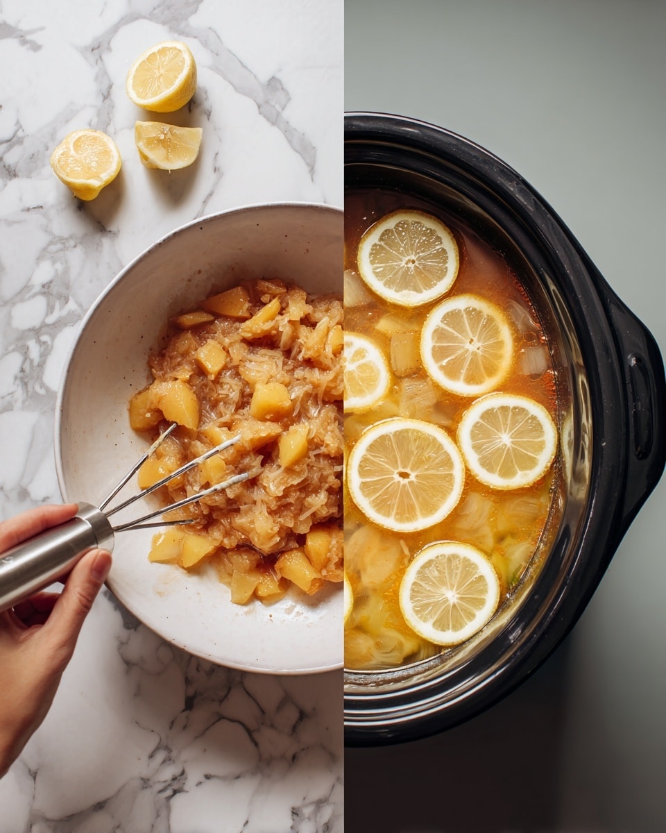 The image is split into two parts: the left side shows a white bowl on a white marbled surface filled with chunky, cooked fruit that is light brown and soft in texture, being mashed by a hand mixer with two metal beaters; the right side shows a black slow cooker filled with a light orange, slightly translucent mixture with visible pieces of fruit and lemon slices floating on top, with steam rising. photo taken with an iphone --ar 4:5 --v 7