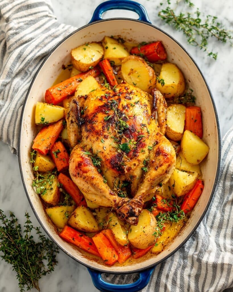 Dutch Oven Whole Roast Chicken with Herb-Infused Butter and Roasted Vegetables Recipe