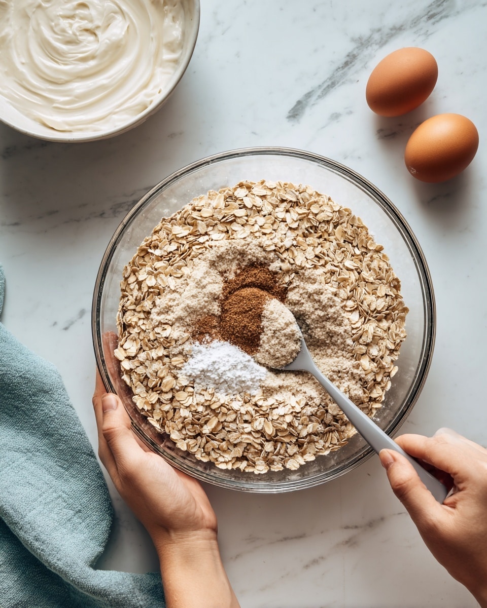 A clear glass bowl is placed on a white marbled surface, filled with a single large layer of light brown rolled oats. On top of the oats, near the center, there are small piles of white powder and a dark brown spice powder. A gray spoon is held by a woman's hand stirring the ingredients inside the bowl, while the other woman's hand holds the bowl steady. Above and to the left, a white bowl contains a thick layer of white creamy substance, almost overflowing. Two brown eggs sit on the white marbled surface to the right, near the bowl with oats. A light blue cloth is partially visible at the bottom left corner of the image. Photo taken with an iphone --ar 4:5 --v 7