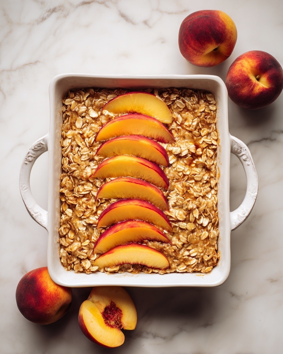 A white square baking dish filled with a thick layer of oatmeal mixture that has small visible chunks and a rough texture. On top of the oatmeal, there are three groups of thin, crescent-shaped peach slices arranged in a fan shape, each group showing a bright orange color with reddish edges. The dish is held by two small arms on each side, resting on a white marbled surface. Three whole peaches with rich red and orange tones are placed on the surface near the dish. Photo taken with an iphone --ar 4:5 --v 7