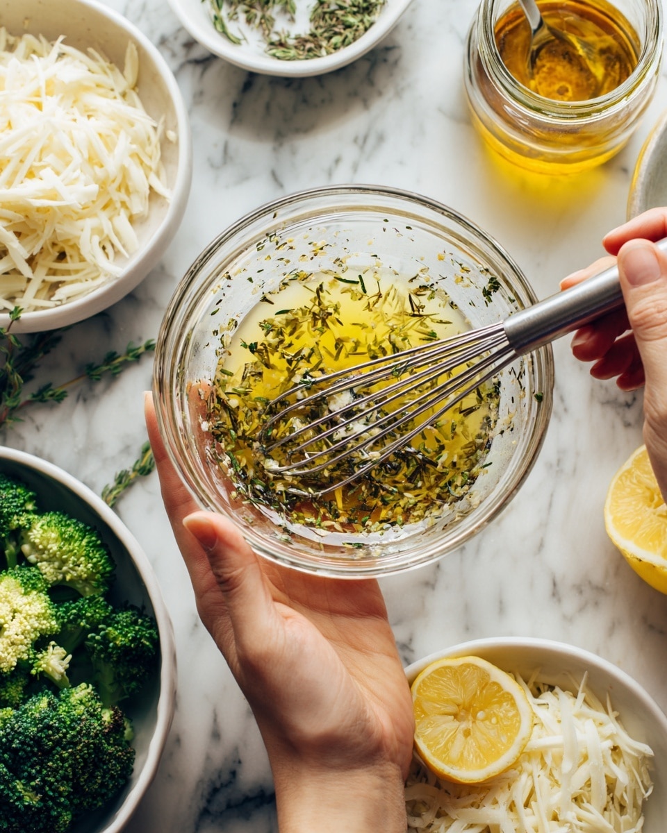 A woman's hand holds a small clear glass bowl filled with a mixture of light yellow oil-based dressing with small green and black herbs in it, another woman's hand whisks the mixture with a silver whisk. The bowl is on a white marbled surface with other white bowls nearby, one holding green broccoli florets, another filled with light yellow grated cheese and a lemon half, and another containing white shredded ingredients. There is a jar with golden liquid near the top right corner. Photo taken with an iphone --ar 4:5 --v 7