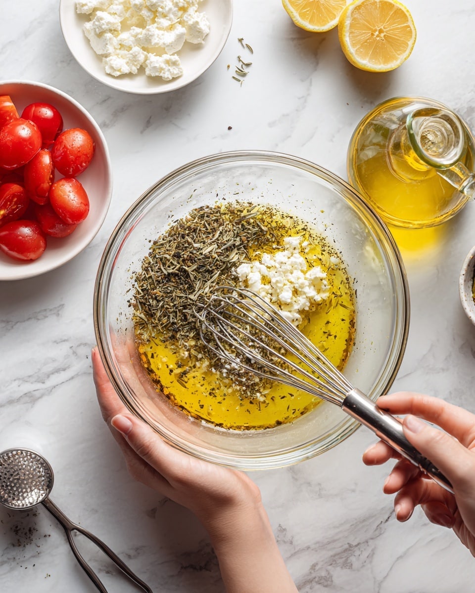 A transparent glass bowl sits on a white marbled surface, filled with layers of light yellow olive oil, a dollop of pale yellow mustard, and a heap of dried herbs that are olive green and brown in color. A woman's hand holds a metal whisk inside the bowl, stirring the ingredients, while her other woman's hand gently holds the bowl from the side. Around the bowl are small white dishes containing bright red cherry tomatoes and white crumbly cheese. To the right, there is a glass bottle of golden olive oil, a few lemon halves, and a silver lemon squeezer. The overall scene is bright and clean. photo taken with an iphone --ar 4:5 --v 7