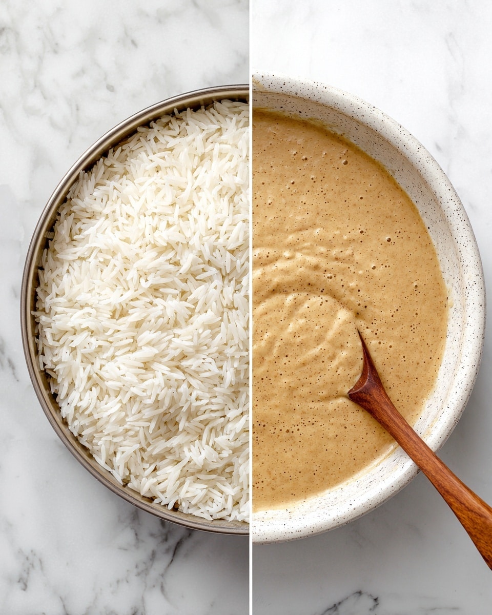 The image shows two separate views side by side on a white marbled surface. On the left, there is a metal pan filled with white cooked rice, where the rice looks fluffy and soft, filling the pan evenly with small grain texture visible. On the right, there is a white speckled bowl filled with a smooth light brown sauce, and a wooden spoon resting inside the bowl partly immersed in the sauce, showing its thick, creamy texture. Photo taken with an iphone --ar 4:5 --v 7