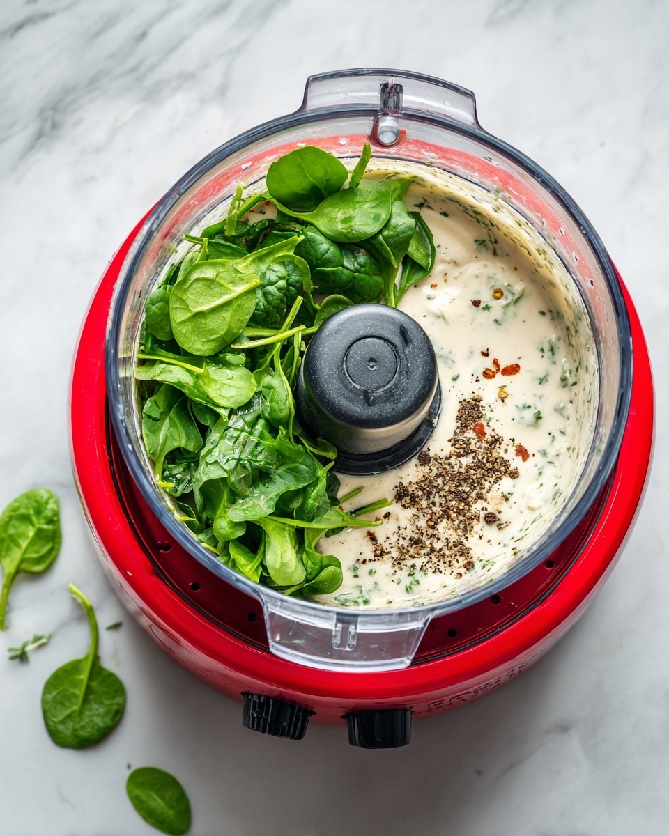 The image shows a clear food processor with a bright red base on a white marbled surface. On the left side, inside the processor, there is a layer of fresh green spinach leaves sitting on top of a creamy white base with a sprinkle of dark ground pepper and herbs in the middle. There are also some fresh green spinach leaves and herbs scattered on the surface next to the processor. On the right side, the food processor is blending the ingredients into a pale green creamy mixture with visible small green herb specks inside. The top lid is transparent with the black blade mixing the layers inside. photo taken with an iphone --ar 4:5 --v 7