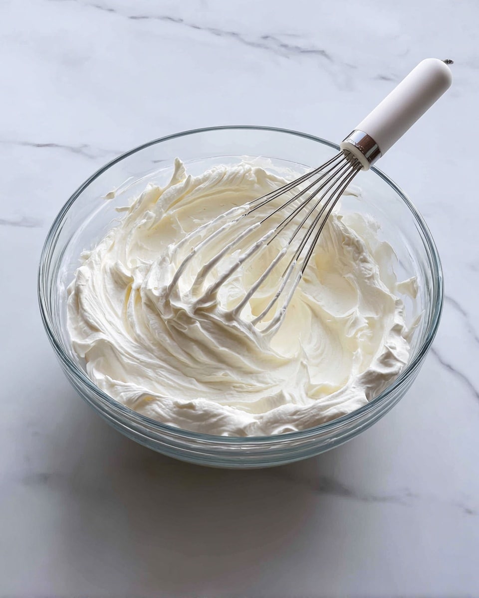 A clear glass bowl filled with thick, white whipped cream that has a smooth, fluffy texture with some soft peaks; a white electric whisk with thin metal wires is partially inside the bowl, slightly covered in the whipped cream. The bowl is placed on a white marbled surface. photo taken with an iphone --ar 4:5 --v 7