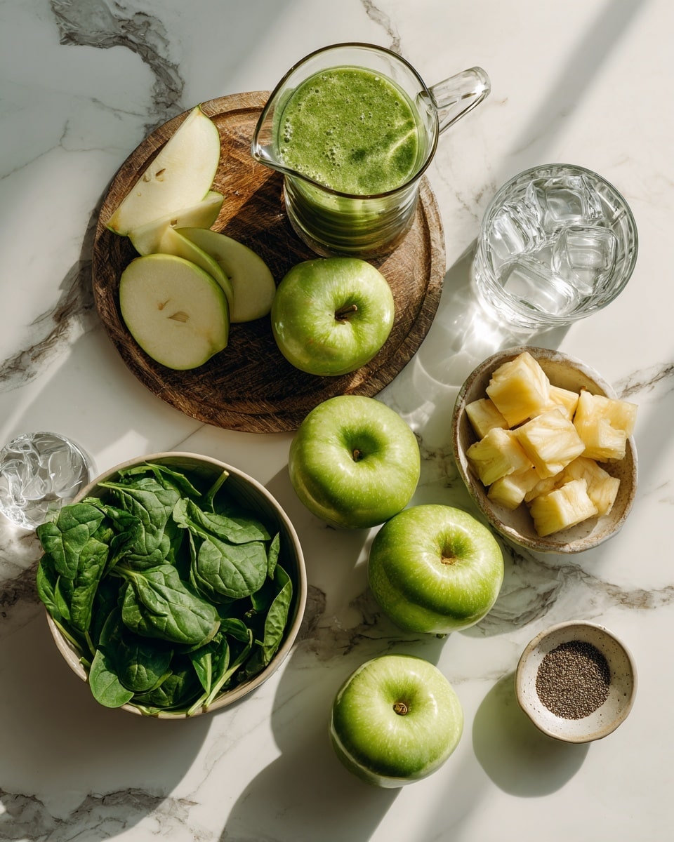 Inside a clear blender jar, the bottom layer is made of bright green spinach leaves, soft and fresh. On top of the spinach sits a chunk of pale yellow frozen pineapple pieces, frosty and slightly rough in texture. Around the pineapple are several pieces of yellow-green apple, showing their smooth skins and crisp white inside. To the side, a peeled white banana rests horizontally above the pineapple. The blender jar edges are transparent with faint measurement markings visible. The whole setup is placed on a white marbled surface photo taken with an iphone --ar 4:5 --v 7