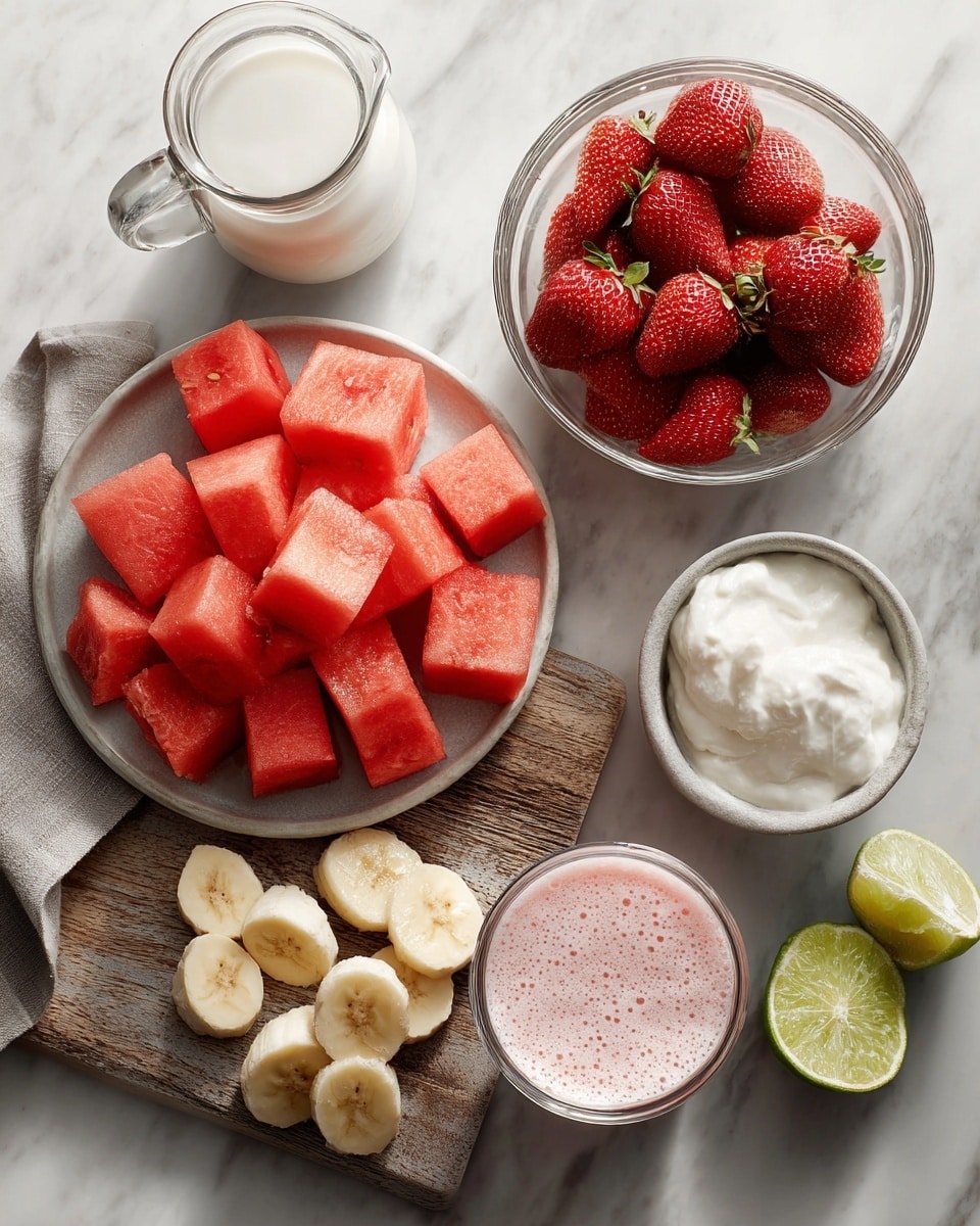 A top view of a clear blender container placed on a white marbled surface. Inside the blender, there are three layers of fruit: the bottom layer has light pink watermelon pieces with a soft texture, the middle layer shows a mix of medium red strawberries, some halved, and light yellow banana slices with a smooth texture, and the center layer has a single dark blue blueberry sitting on top. To the left of the blender, there is a small white bowl filled with several halved strawberries. Near the bottom right corner, a white cloth is slightly visible. photo taken with an iphone --ar 4:5 --v 7