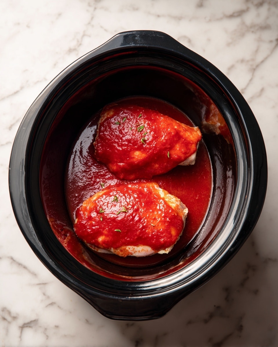 Inside a black slow cooker, there are two raw chicken pieces placed side by side in the center, each topped with a thick layer of bright red sauce that looks smooth and shiny. The slow cooker has a shiny interior that reflects light softly, and the scene sits on a white marbled surface. photo taken with an iphone --ar 4:5 --v 7