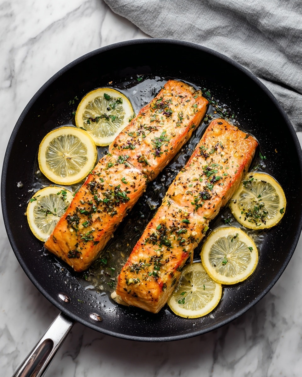 Three cooked pink salmon fillets are laid side by side in a round white bowl on a white marbled surface. The fillets are topped with small bits of green herbs and minced garlic. Lemon slices, some whole and some broken, are scattered on and around the salmon. A shiny yellowish sauce pools in the bottom of the bowl, adding a glossy texture to the dish. photo taken with an iphone --ar 4:5 --v 7
