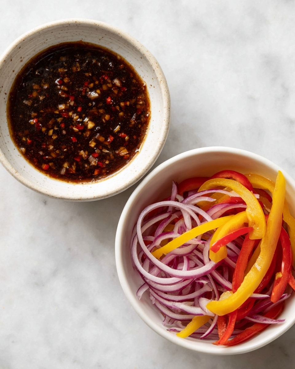 The image shows two white bowls placed side by side on a white marbled surface. The left bowl is filled with a dark brown sauce mixed with small bits of red and white ingredients, giving it a textured, glossy look. The right bowl contains thinly sliced yellow and red bell peppers layered on top of thin slices of red onion, creating bright, colorful layers with a fresh and crisp appearance. Photo taken with an iphone --ar 4:5 --v 7