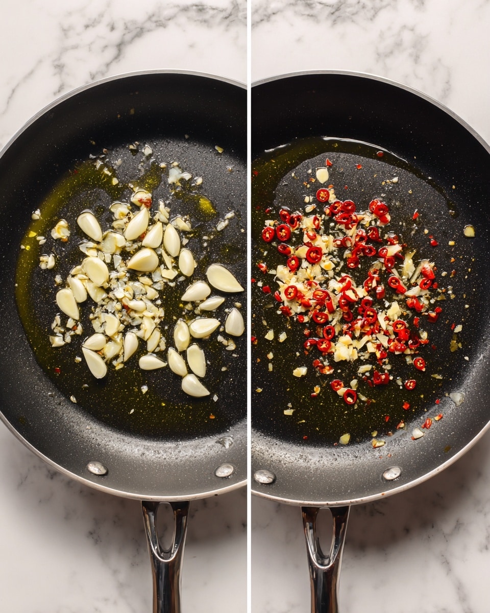 Two photos side by side showing a black frying pan on a white marbled surface. In the left photo, thin white slices of garlic and small round red chili pieces are placed in the center of the pan with some olive oil around them. In the right photo, the garlic slices are lightly browned and shriveled, and the chili pieces are mixed with the cooking garlic, spread a little more across the pan's surface with the oil shimmering. Photo taken with an iphone --ar 4:5 --v 7