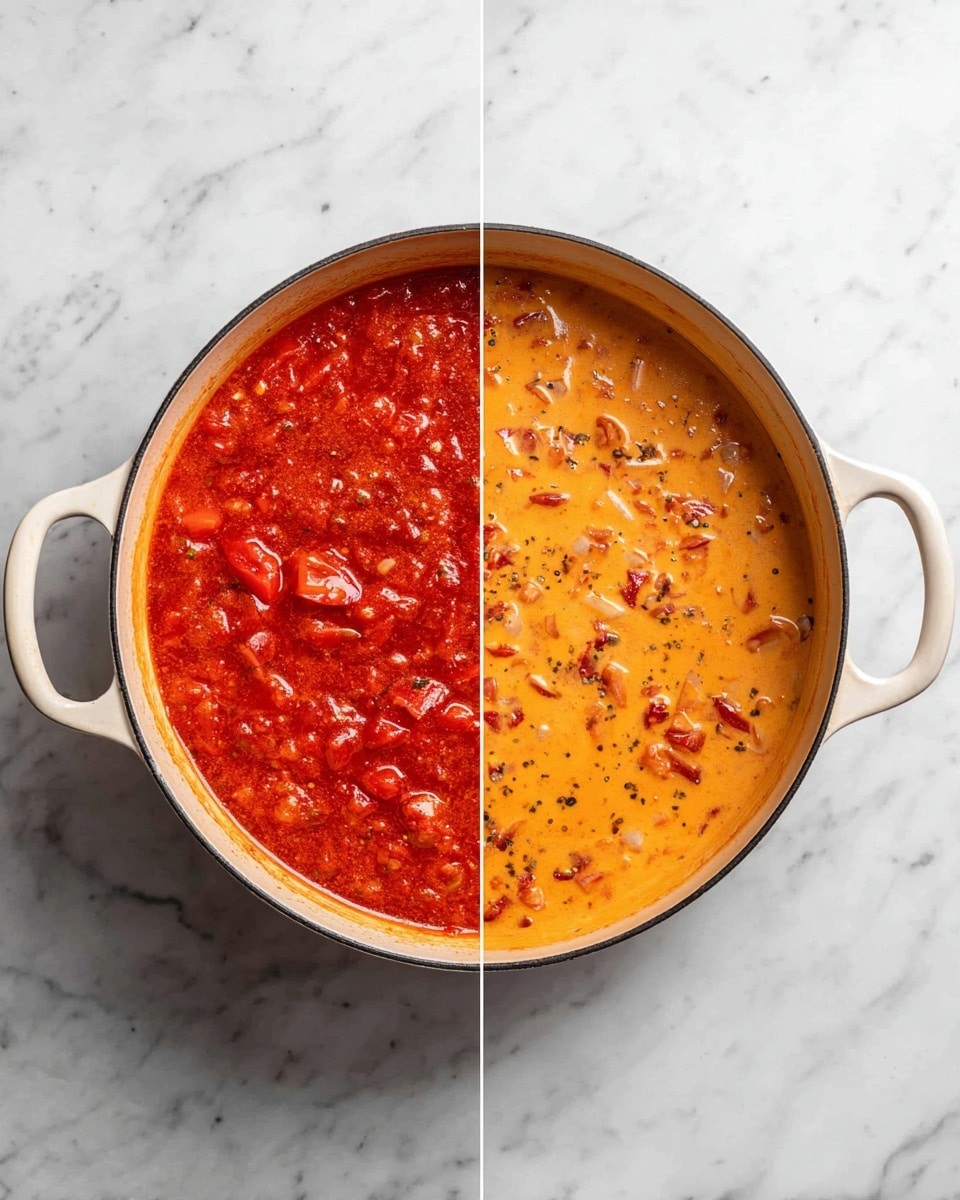 The image shows two side-by-side photos of a white cast iron pot on a white marbled surface. The left photo features a thick red tomato sauce with visible chunks of tomatoes and a textured surface with seeds and small bits evenly spread. The right photo shows the same pot filled with a creamy orange sauce, with bits of red and small white pieces scattered throughout, giving it a smooth yet slightly chunky texture. Photo taken with an iphone --ar 4:5 --v 7