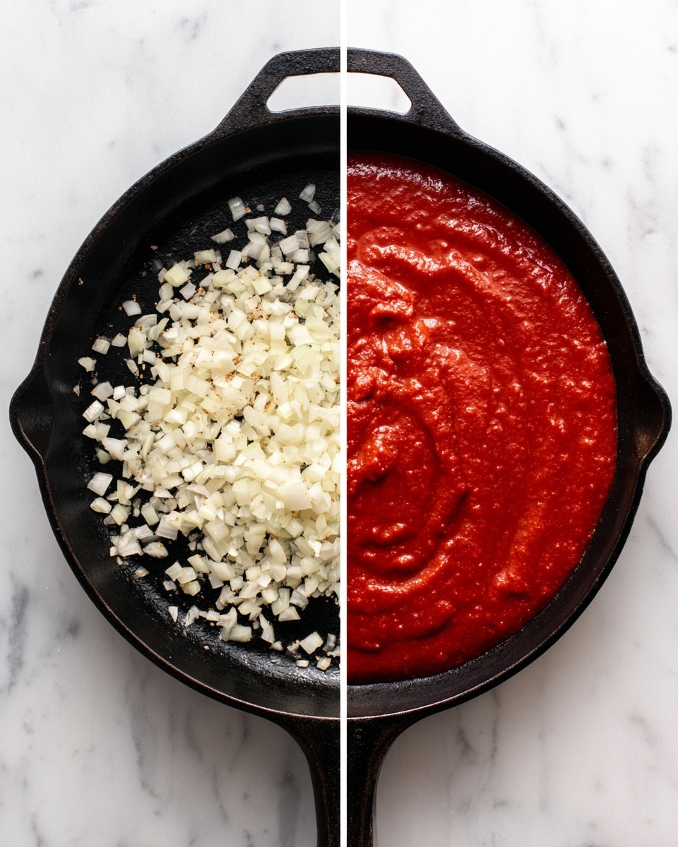 Two images side by side show stages of cooking in a black cast iron pan on a white marbled surface. The first image features a single layer of small chopped white onions spread loosely on the bottom of the pan, showing a mix of translucent and slightly golden pieces with a textured look. The second image shows the same pan filled with a smooth, thick layer of rich red tomato sauce, evenly spread and glistening with slight swirl patterns on the surface. photo taken with an iphone --ar 4:5 --v 7