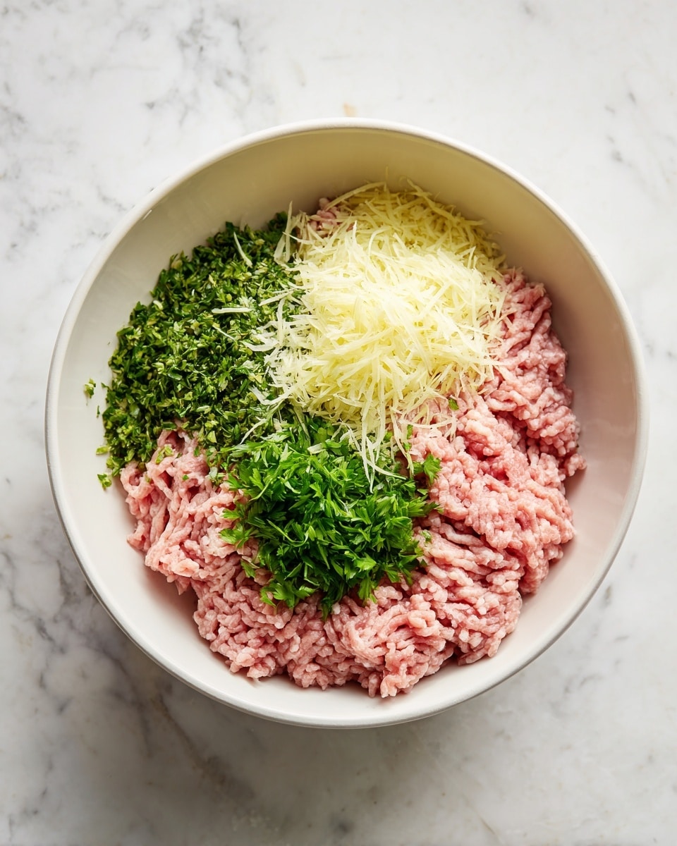 In a large white bowl on a white marbled surface, there are three main ingredient layers: a base of light pink raw ground meat, a middle layer of finely chopped green herbs spread over the meat, and a top layer of grated pale yellow garlic placed near the front edge of the meat. The ingredients are simple and clearly separated, showing different textures: smooth and soft meat, small leafy herb pieces, and coarse grated garlic. Photo taken with an iphone --ar 4:5 --v 7