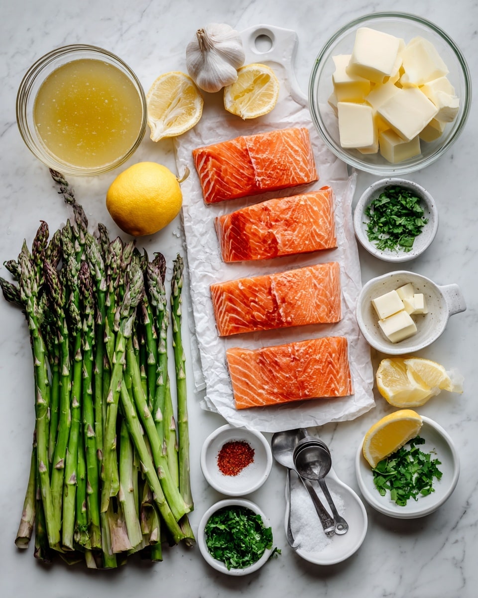 The image shows a raw salmon fillet placed on the right side of a sheet of crumpled aluminum foil with a group of fresh green asparagus spears aligned vertically on the left side. There are small white cubes of butter scattered on top of both the salmon and the asparagus. The salmon has a smooth texture with a pinkish-orange color, sprinkled with finely chopped garlic and black pepper. The asparagus stalks are bright green with a slightly firm texture. The foil underneath catches some light reflections, and the scene is set on a white marbled surface. photo taken with an iphone --ar 4:5 --v 7