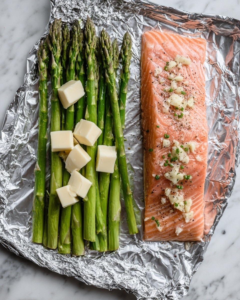 Baked Salmon in Foil with Asparagus and Lemon Garlic Butter Sauce Recipe - Recipe Image