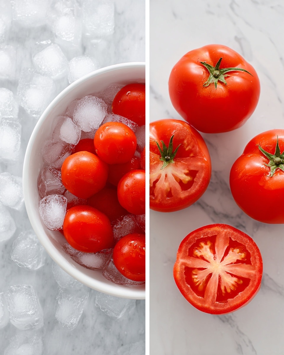 The image shows two pictures side by side. On the left, there is a white bowl filled with bright red tomatoes resting in ice water with white ice cubes floating around them, giving a fresh and cool feeling. On the right, there are four tomatoes placed on a white marbled surface, each tomato having cuts that form a cross or star shape on top, showing the soft texture inside with the red skin folded back slightly. The tomatoes look ripe and juicy, and the scene is bright and clean. Photo taken with an iphone --ar 4:5 --v 7