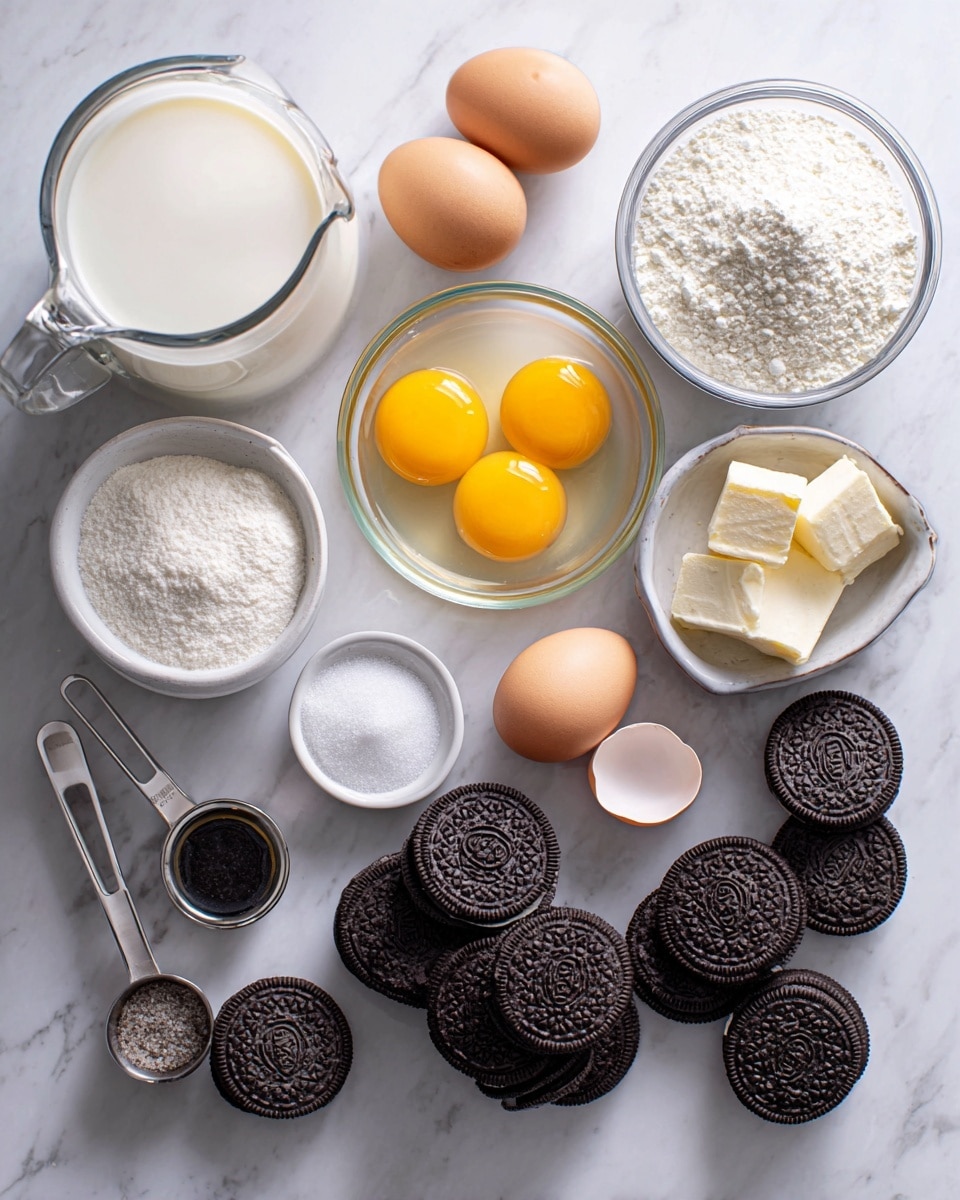 The image shows four steps of making cookies and cream ice cream. The first step has a white resealable bag with whole chocolate sandwich cookies inside, placed on a white marbled surface, alongside a wooden rolling pin. The second step shows the same bag but the cookies are now crushed into small pieces by the wooden rolling pin. The third step has a white ice cream maker filled with white and yellow creamy ice cream, with a blue spatula resting inside. The final step shows a clear glass bowl with vanilla ice cream mixed with crushed chocolate sandwich cookies, being stirred by the blue spatula. Photo taken with an iphone --ar 4:5 --v 7