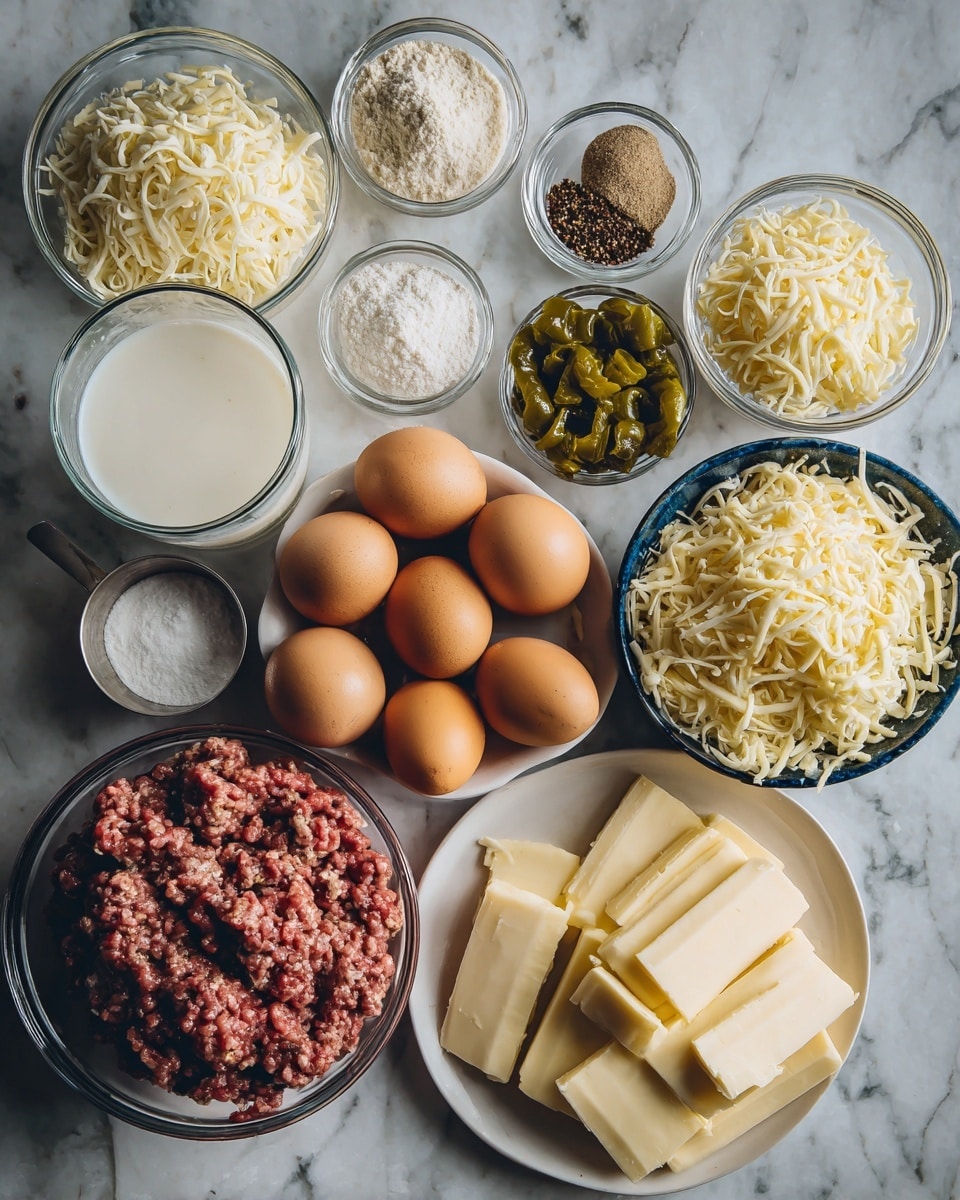 The image shows a white marbled surface with several ingredients arranged neatly. In the front left, there is a small clear glass bowl filled with raw ground meat, next to a small metal cup containing milk. To the right, a white plate holds many pale yellow butter sticks stacked side by side. Behind the butter, four small clear glass bowls contain white flour, two light brown powders, and a mix of black and white pepper. A cluster of seven brown eggs is placed near the center, next to a dark blue bowl full of green roasted peppers. Behind the eggs and peppers, a larger clear glass bowl is heaped with shredded yellow and white cheese. The colors range from creamy whites, pale yellows, browns, and greens, all on the smooth white marbled surface. photo taken with an iphone --ar 4:5 --v 7