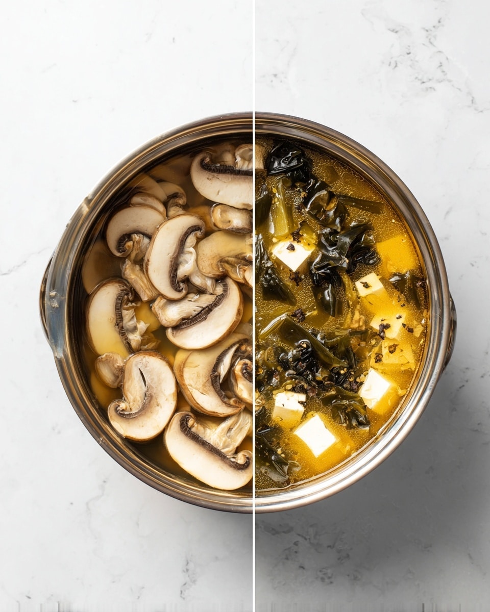 The image is split into two sections showing the inside of a silver pot placed on a white marbled surface. In the left section, the pot contains several slices of light brown mushrooms scattered loosely at the bottom with a clear surface showing. In the right section, the same pot is filled with a golden-brown broth that covers the mushrooms, along with small white tofu cubes and pieces of dark green seaweed floating gently throughout the broth. The texture of the broth appears smooth and slightly translucent. photo taken with an iphone --ar 4:5 --v 7