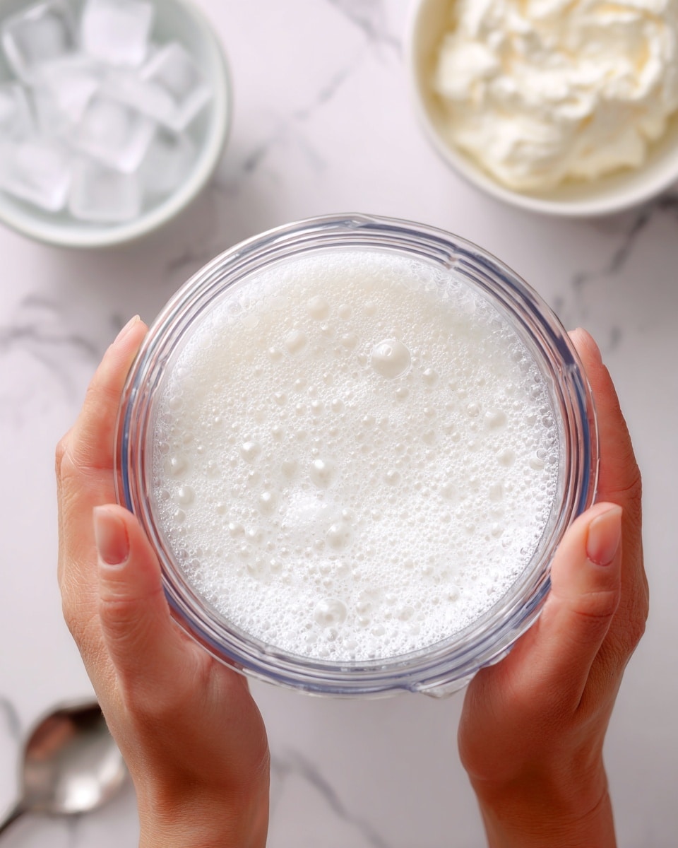 A pair of woman's hands hold a clear blender container filled with a single layer of white, frothy liquid with many small bubbles on the surface. In the blurred background, there are two white bowls, one filled with ice cubes and the other with a creamy white substance, placed on a white marbled surface. The photo has a close-up top-down view, capturing the texture and bubbles of the liquid inside the blender container photo taken with an iphone --ar 4:5 --v 7