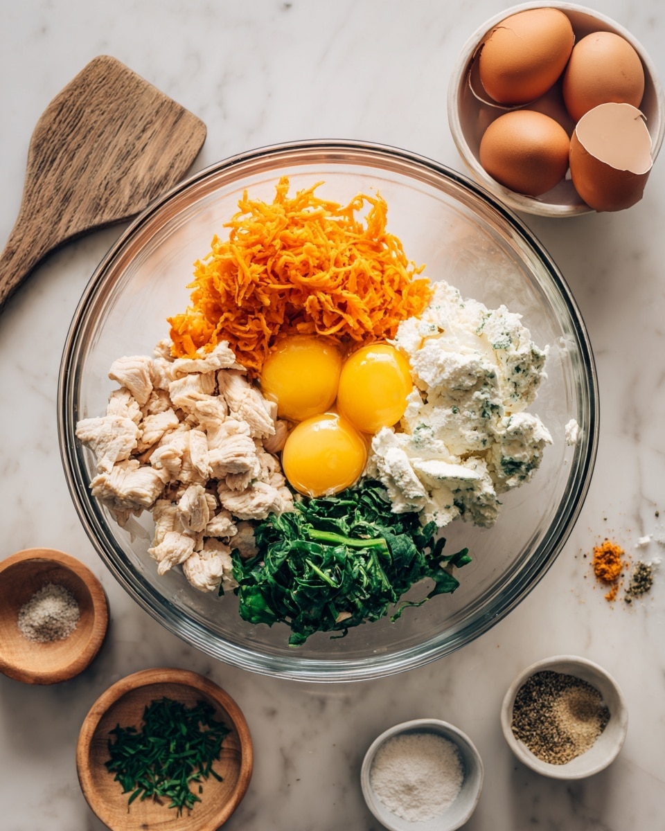 A clear glass bowl held by a woman's hand contains several ingredients in separate sections. Starting from the top left inside the bowl, there is a pile of bright orange shredded carrots with a rough texture, next to it are two whole raw eggs with shiny yellow yolks and clear whites, below the eggs is a dollop of white creamy cottage cheese with a slightly lumpy texture, and beside that is a heap of fresh chopped green spinach with small, irregular pieces. Finally, at the bottom left inside the bowl, there are chunks of light brown cooked chicken. Surrounding the glass bowl, there is a white bowl with several brown eggshells, a small round wooden bowl with four different spices: light beige powder, coarse white salt crystals, cracked black pepper, and another beige powder, and a white bowl with scattered pieces of chopped green herbs. All of this is set on a white marbled surface with soft, natural light shining from above. A gray spatula with a wooden handle lies next to the bowls. photo taken with an iphone --ar 4:5 --v 7