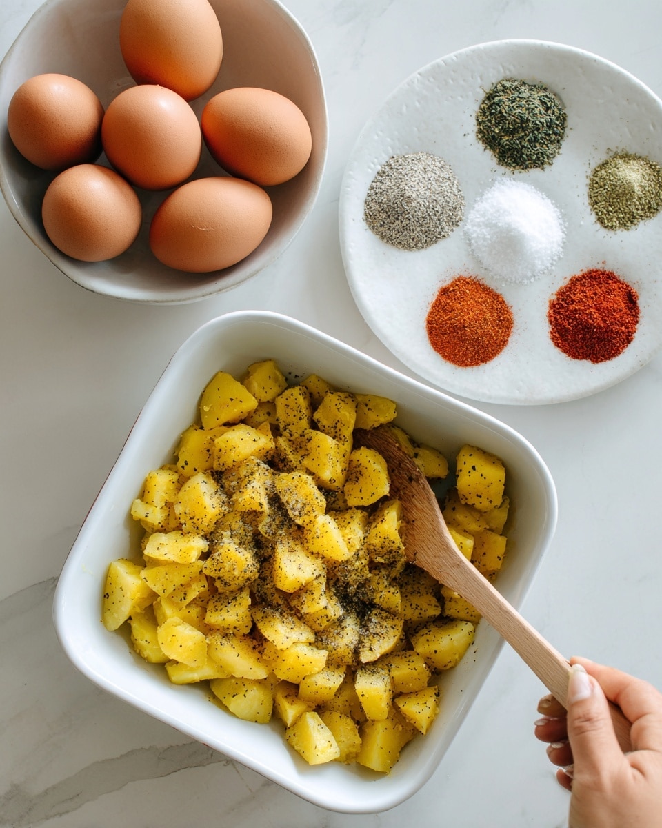The image shows a white square dish filled with small cubes of yellow potatoes sprinkled with black pepper, with a woman's hand holding a wooden spoon inside the dish, stirring the potatoes on a white marbled surface. Above the dish, there is a white bowl containing seven brown eggs positioned on the left side. To the right of the eggs, there is a white round plate with six different spices arranged in small piles: black pepper, white powder, coarse salt, red powder, and two green powders. The scene is clean and bright with natural light, focusing on the cooking preparation. photo taken with an iphone --ar 4:5 --v 7