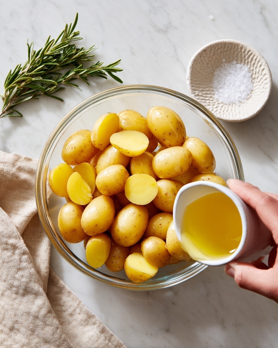 A clear glass bowl filled with about twenty halved small yellow potatoes with smooth skins, some showing wet shiny yellow insides, is placed on a white marbled surface. A woman's hand holds a small white ceramic cup at the bottom right corner, pouring a golden yellow liquid, likely oil, onto the potatoes. To the top right, a small white textured bowl with coarse salt sits beside the bowl, and to the top left, a few sprigs of rosemary lay on the white marbled surface. A folded beige cloth is partially visible at the bottom left. The scene is brightly lit with natural light, highlighting the shiny textures of the potatoes and oil. photo taken with an iphone --ar 4:5 --v 7