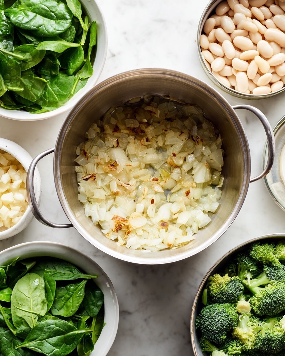 A silver pot sits on a white marbled surface with chopped onions and garlic lightly cooked and spread thinly across the bottom, showing some pieces with a golden-brown color. Around the pot, four white bowls are placed: one with bright green fresh spinach leaves at the bottom left, another with pale beige diced vegetables at the bottom right, a third bowl filled with vibrant green broccoli florets at the top right, and an opened can of white beans near the top center, revealing the creamy white beans inside. photo taken with an iphone --ar 4:5 --v 7