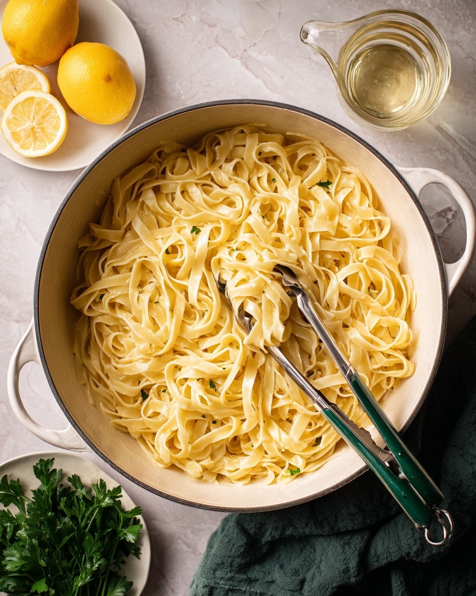 A white pot filled with cooked pale yellow fettuccine noodles sits on a white marbled surface. A pair of silver tongs with green silicone tips rests inside the pot, gripping some noodles. To the top left of the pot, there is a small white bowl holding two lemon wedges and a whole lemon. Next to it, a small white plate with fresh green parsley leaves is placed. To the right of the pot, a clear glass measuring cup contains a pale liquid. A dark green cloth is partially visible beneath the pot on the bottom right. The overall light is natural with soft shadows. photo taken with an iphone --ar 4:5 --v 7