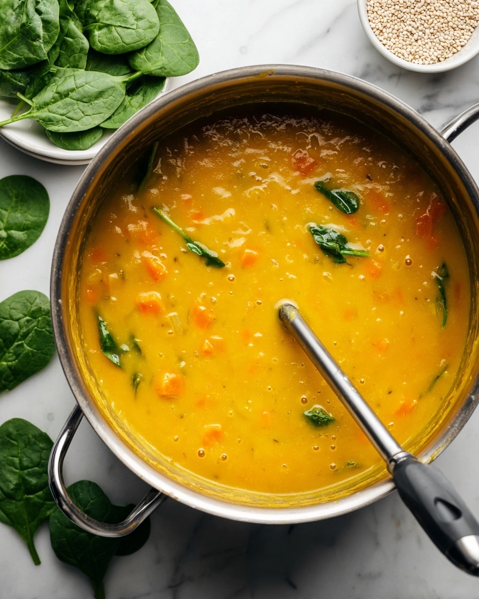 A large silver pot filled with thick, orange-yellow soup with small visible soft chunks of orange vegetables evenly mixed inside. A silver blending stick with a black handle is partially submerged in the soup, blending it smoothly. Around the pot, there is a bunch of fresh green spinach leaves and a white bowl filled with small light-colored seeds, placed on a white marbled surface. The scene is bright and clean, showing the soup in the process of being blended. photo taken with an iphone --ar 4:5 --v 7
