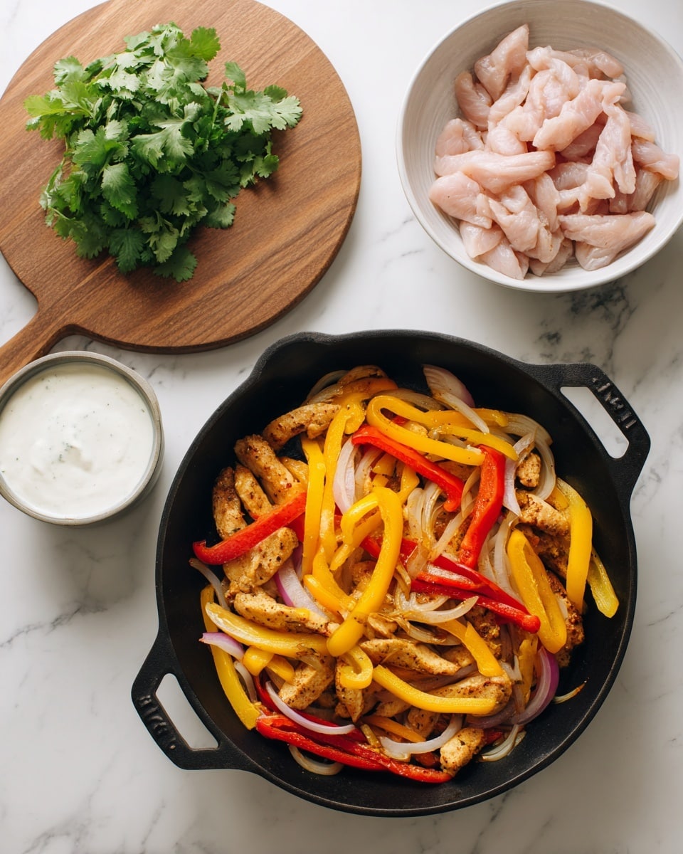 In the center of the image, there is a black cast iron pan filled with cooked thin strips of bright yellow and red bell peppers mixed with light brown sautéed onions, some pieces showing slight charring. To the upper right, a white bowl contains raw light pink chicken strips, loosely piled. On the upper left side, a round wooden board holds fresh green cilantro leaves and a small white bowl filled with thick white sauce. The whole setup is on a white marbled surface. photo taken with an iphone --ar 4:5 --v 7
