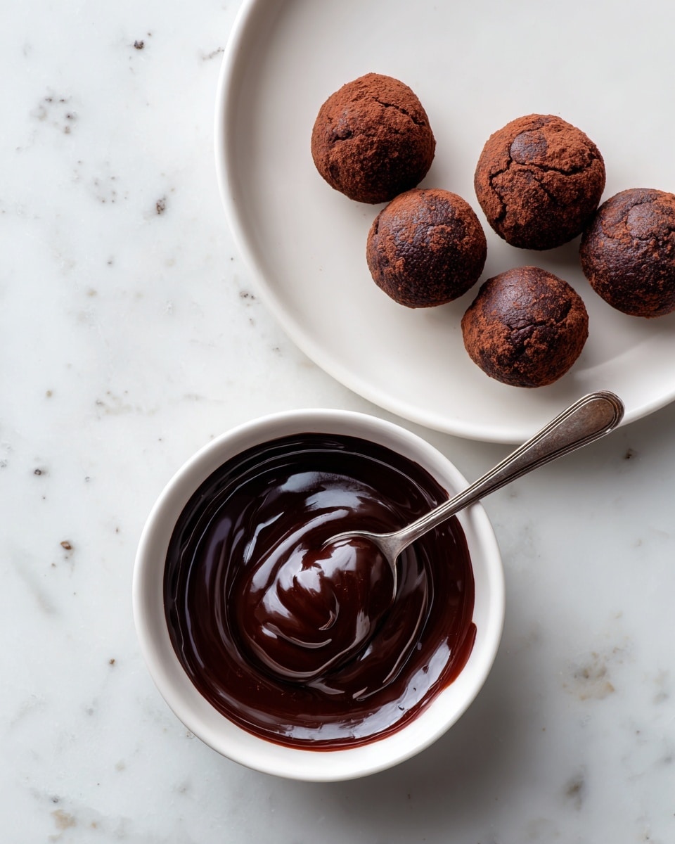 The image shows a white plate with four round dark brown chocolate truffles placed evenly on one side, each having a smooth texture with slight cracks. Below the plate, there is a white bowl filled with shiny, dark chocolate sauce with a thick consistency, and a silver spoon resting in the sauce creating a glossy reflection. Both dishes are set on a white marbled surface with light speckles. photo taken with an iphone --ar 4:5 --v 7