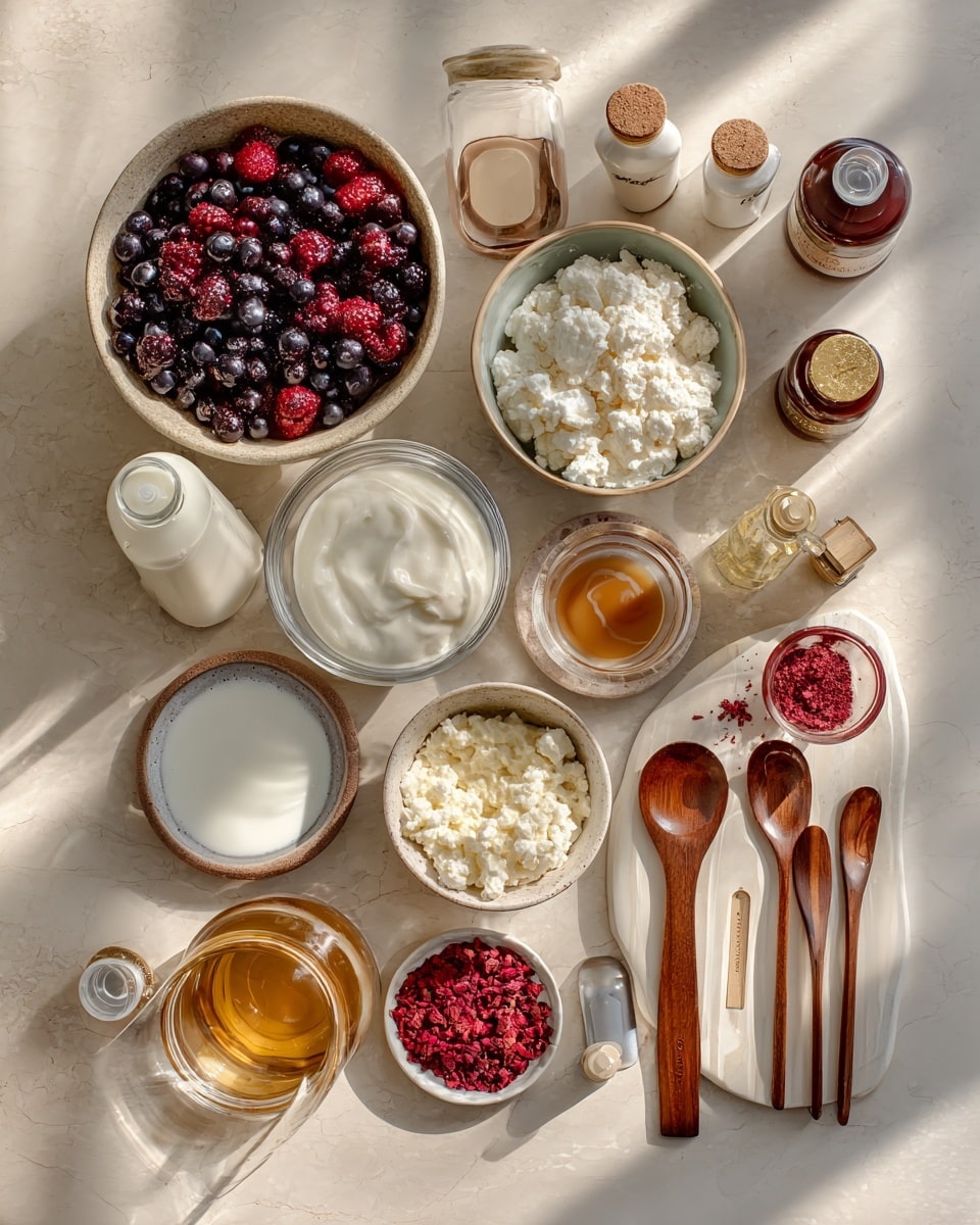 A clear blender cup filled with three main layers: at the bottom, dark red frozen cherries with a slightly frosty texture; above the cherries, a smooth dollop of light beige creamy substance; and on top, a thick layer of white cottage cheese with a bit of golden honey drizzled over it. The blender is placed on a white marbled surface. Photo taken with an iphone --ar 4:5 --v 7