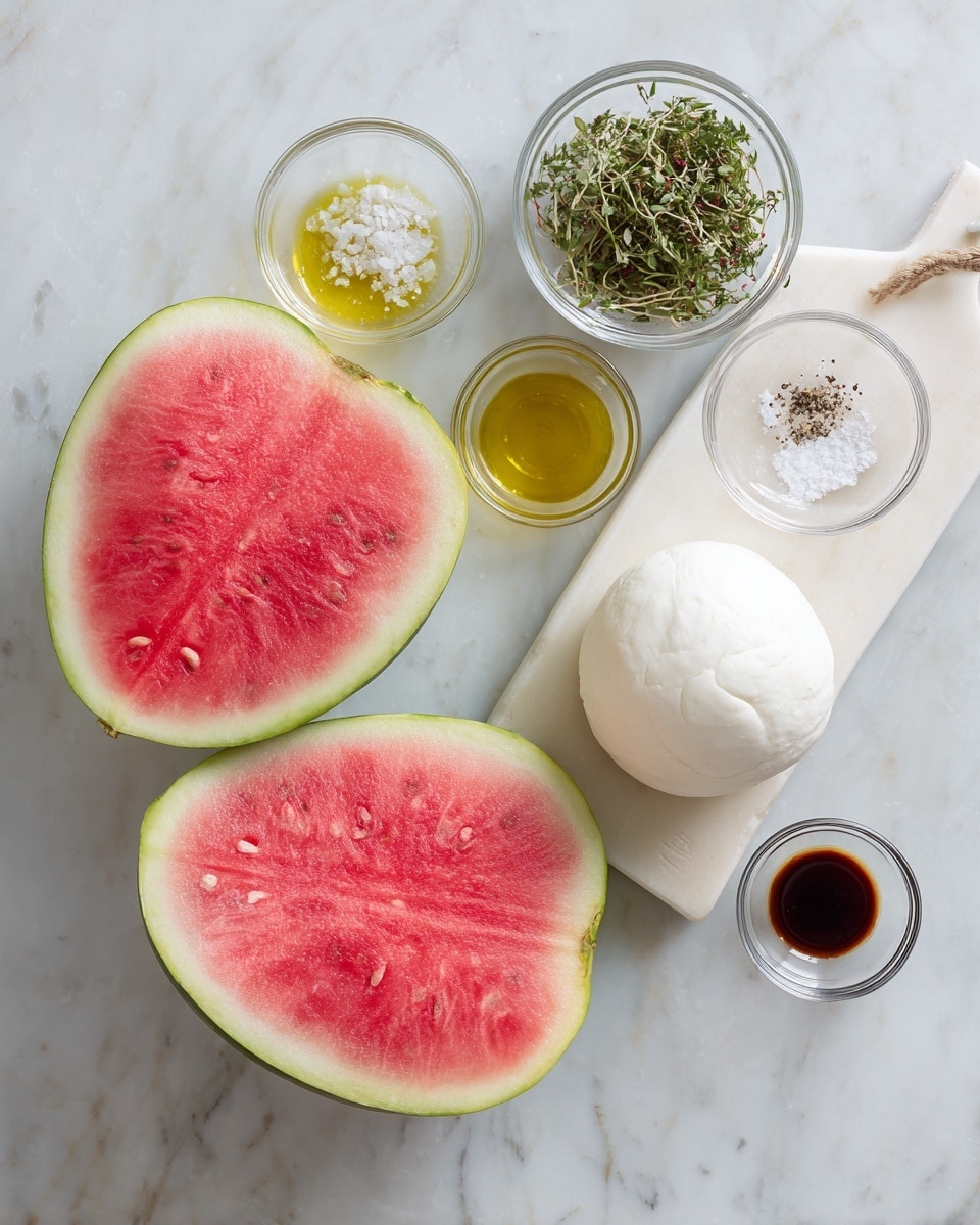The image shows two thick halves of a watermelon with bright pinkish-red flesh and pale green rind, placed on a white marbled surface. Next to them, a white marble cutting board holds a smooth round ball of white cheese at the bottom right, and a small clear glass bowl filled with mixed green herbs above it. Nearby, three small clear glass bowls contain golden olive oil, coarse white salt, and dark balsamic vinegar, arranged neatly in a triangular formation on the white marbled surface. Photo taken with an iphone --ar 4:5 --v 7