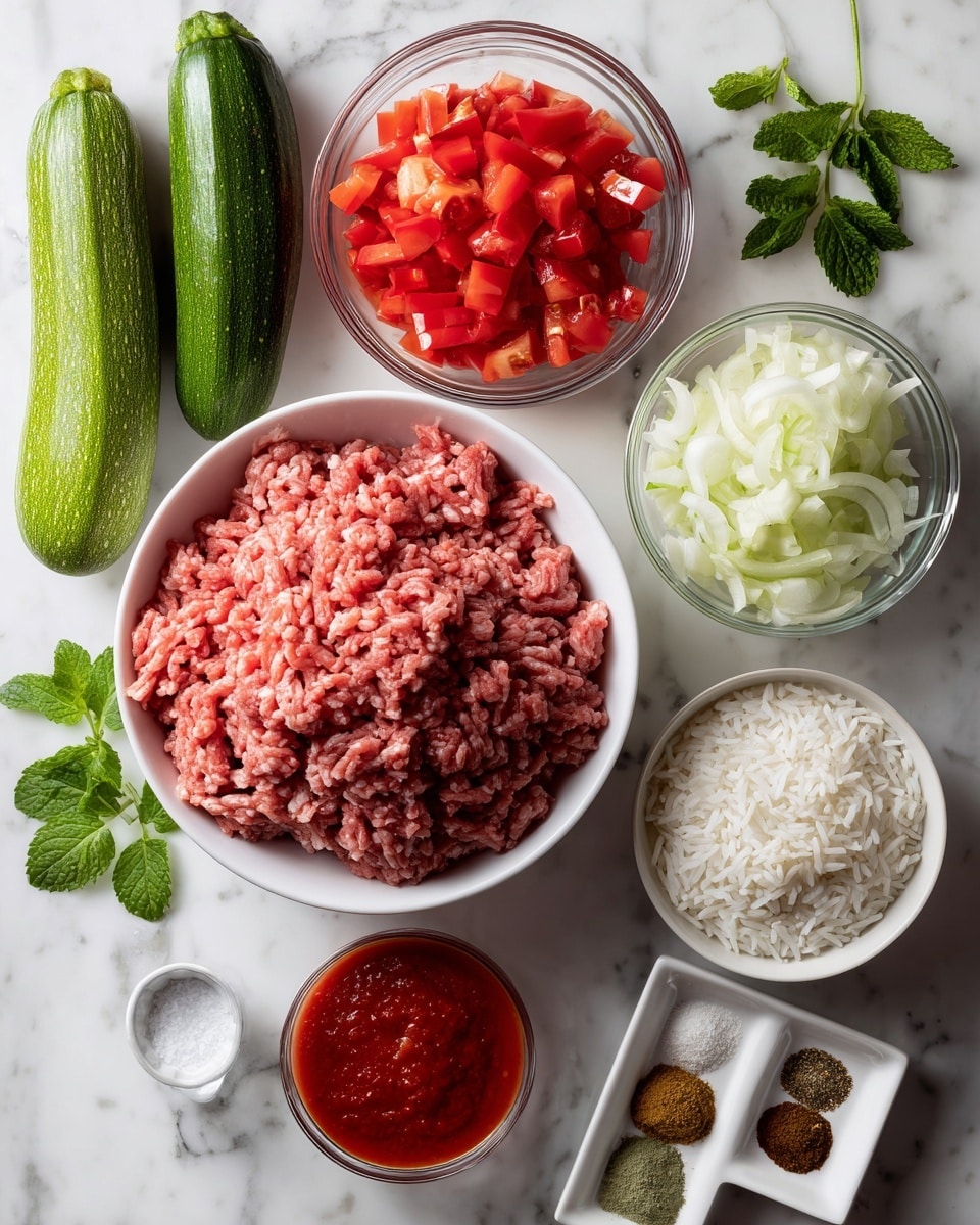 A collection of fresh ingredients arranged on a white marbled surface, featuring a large white bowl filled with raw ground meat in the center. Above it, there is a clear bowl holding diced red tomatoes in juice. To the left, a white bowl contains whole zucchinis with green, smooth skin. Below the zucchinis, a glass bowl holds red tomato sauce. On the right side, there are separate bowls of white rice and chopped white onions. Fresh green parsley and mint leaves add a touch of color above the rice and onions. In front of the ground meat bowl, there is a small square white dish with six different ground spices in separate sections, alongside a small round clear bowl of salt. Photo taken with an iphone --ar 4:5 --v 7