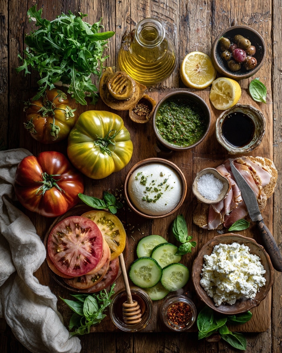 Heirloom Tomato Flight with Burrata, Pesto, and Fresh Toppings Recipe - Recipe Image