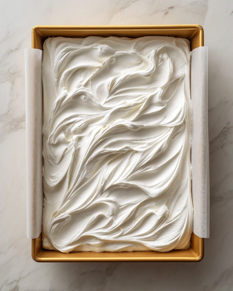 A rectangular gold baking tray lined with white parchment paper holds one thick layer of smooth, white, creamy mixture spread evenly but with visible swirls and soft peaks creating a textured surface. The tray is placed on a white marbled surface that adds a light pattern around the tray. Photo taken with an iphone --ar 4:5 --v 7