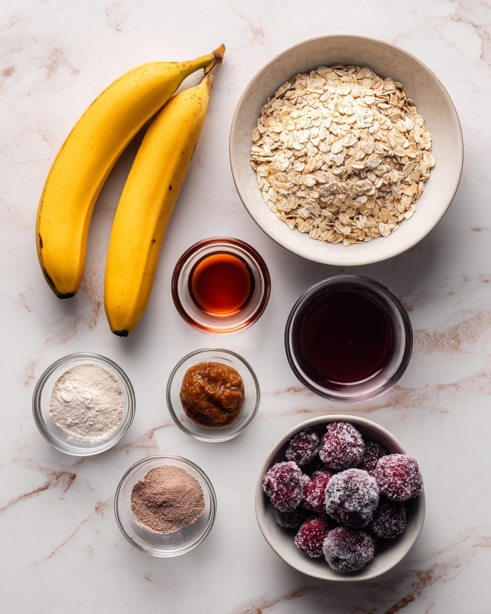 The image shows several ingredients placed neatly on a white marbled surface. There are two yellow bananas on the left side, next to a large white bowl filled with dry oats at the top right. Below the bananas, there are two small clear glass containers, one with a dark amber liquid and the other with a brown paste-like substance. Next to these, there is a small clear bowl containing a mix of different powders and a small clear glass bowl with a dark brown liquid. In the bottom right, a white bowl holds dark purple frozen berries with a dusting of frost. photo taken with an iphone --ar 4:5 --v 7