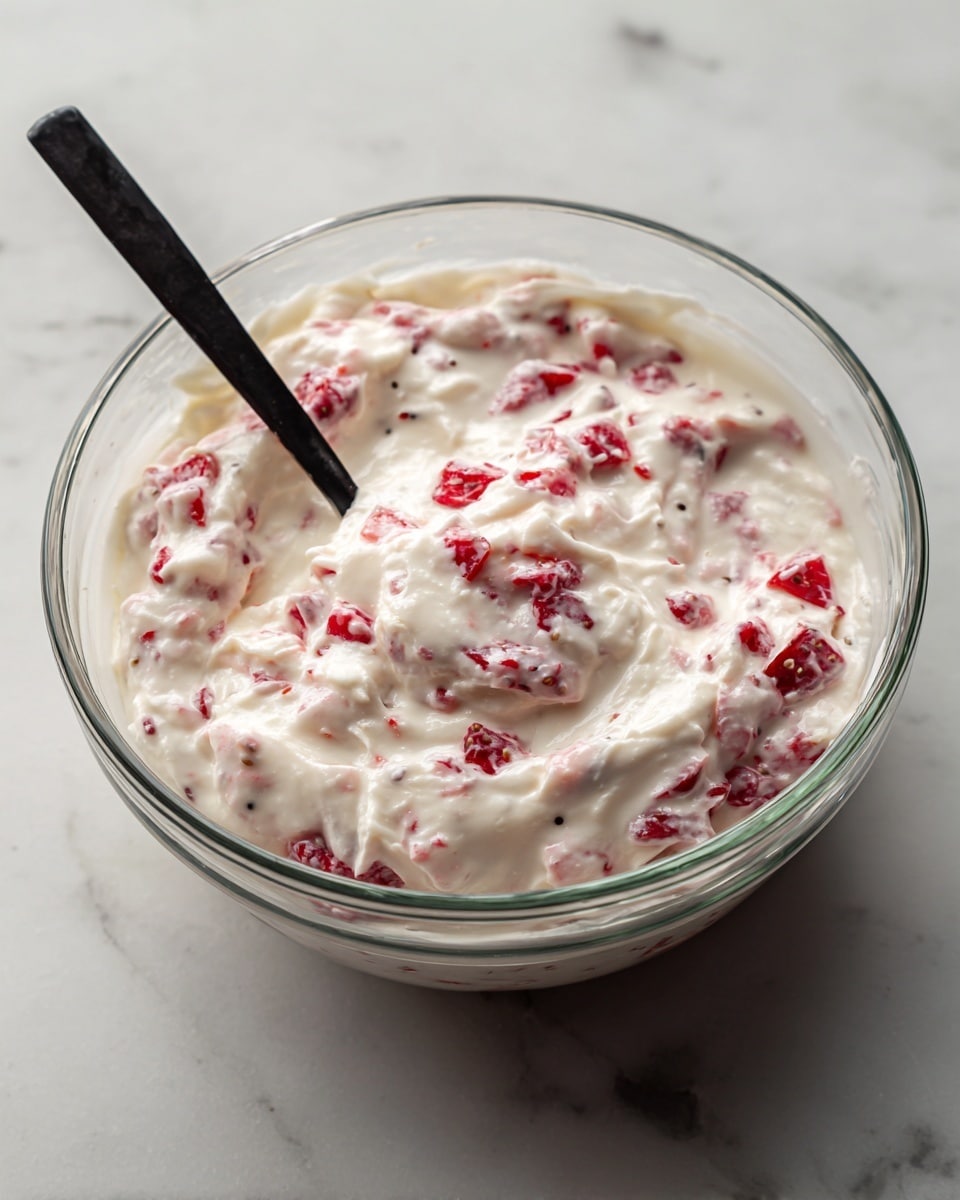A clear glass bowl holds a thick, creamy white mixture with pieces of small red chunks and tiny dark bits spread evenly throughout. A black spoon is resting in the bowl, partially covered with the creamy mix. The bowl sits on a white marbled surface with soft gray veins running through it. The creamy texture looks smooth but with some lumps from the fruit pieces within. photo taken with an iphone --ar 4:5 --v 7