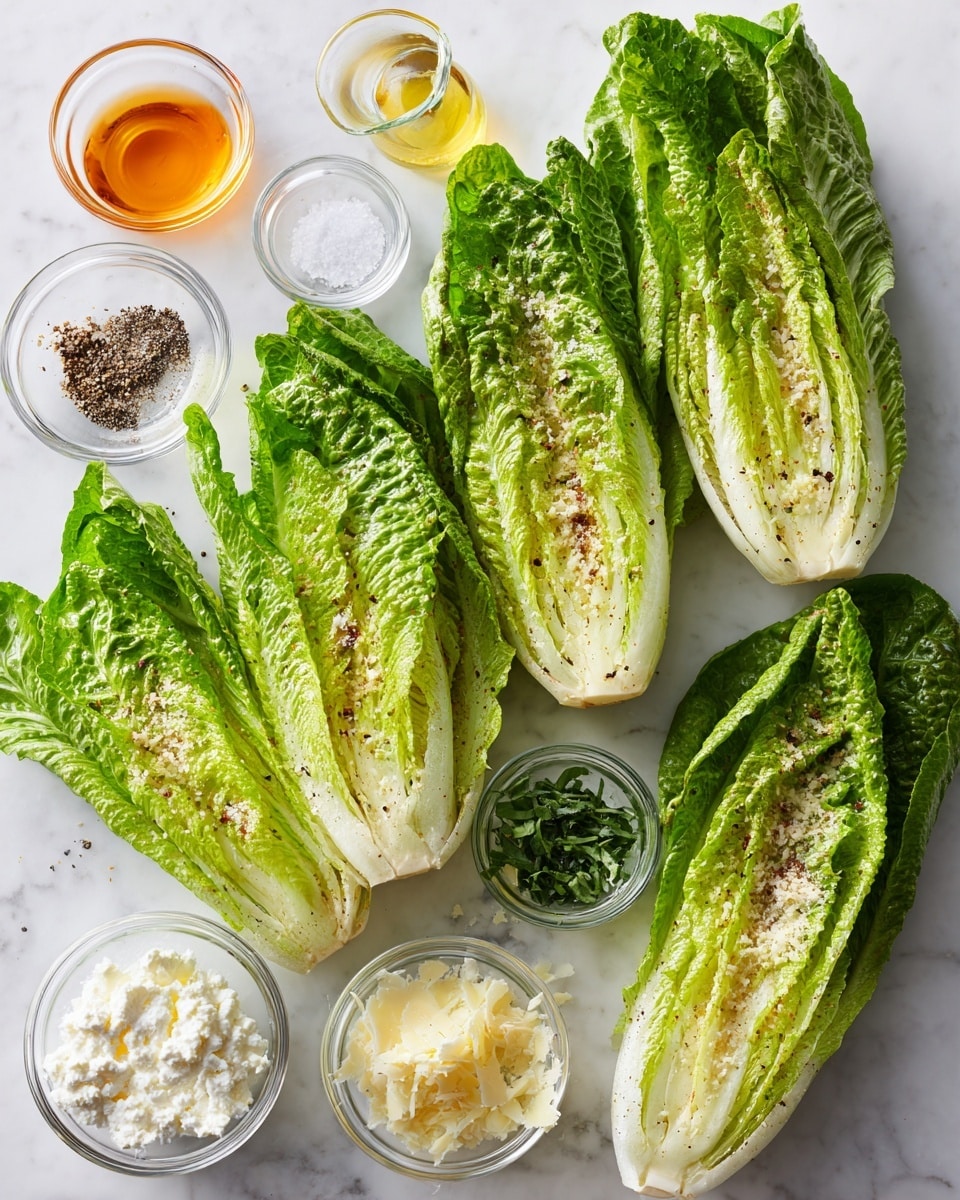 Four romaine lettuce halves with bright green leaves are laid out in a row on a white marbled surface, showing the light green inner stems and ribbed texture of the leaves. Around them, six small clear glass bowls hold ingredients: one with coarse salt and black pepper, one with golden olive oil, one with an orange vinegar-like liquid, one filled with white ricotta cheese, one with chopped fresh green herbs, and one with grated pale yellow cheese. The colors and textures are fresh and clean, with the bowls spaced evenly around the lettuce. photo taken with an iphone --ar 4:5 --v 7