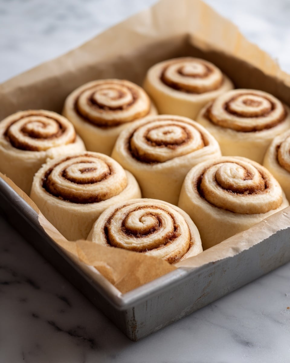 A close-up view of nine cinnamon rolls arranged closely together on a white marbled surface. Each cinnamon roll has three or four thick, round layers of soft, light brown dough swirled tightly with darker brown cinnamon filling. The top of every roll is covered with a creamy, light beige icing that looks smooth and shiny, spreading slightly over the sides. Scattered on the icing are several dark brown coffee beans placed mostly near the center of each roll. The cinnamon rolls look fresh, warm, and inviting, filling the frame with rich textures. Photo taken with an iphone --ar 4:5 --v 7