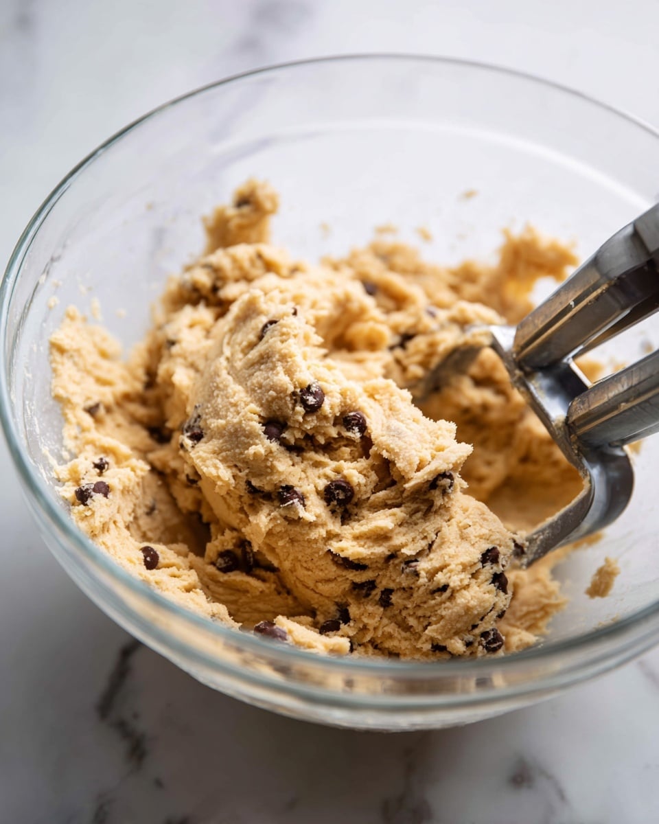 The image shows a close-up of a thick, beige dough with a slightly crumbly texture inside a clear glass mixing bowl. The dough has chunks of darker spots, likely chocolate chips, embedded unevenly throughout. Part of a metal mixer attachment is visible on the right side, close to the dough, indicating the dough is being mixed. The background surface is a white marbled texture. photo taken with an iphone --ar 4:5 --v 7