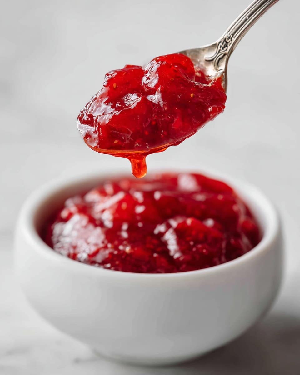 A close-up image shows a silver spoon lifted above a white bowl filled with chunky bright red strawberry jam. The jam on the spoon is shiny and thick with small pieces of fruit visible, and a small drop of jam is dripping from the spoon's edge. The white bowl is set on a white marbled texture surface, focusing fully on the rich red color and texture of the jam. photo taken with an iphone --ar 4:5 --v 7